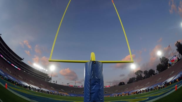 Dec 12, 2020; Pasadena, California, USA; A general view of the Rose Bowl goal posts during an NCAA football game between the Southern California Trojans and the UCLA Bruins. Mandatory Credit: Kirby Lee-USA TODAY Sports